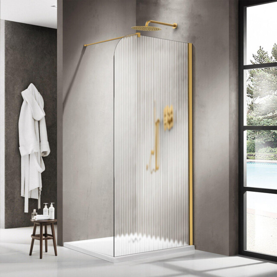 Fortifura Galeria Inloopdouche - 120x200cm - afgeronde glaswand - rechts - ribbel glas - wandarm - geborsteld messing PVD (Goud) SW1421078/SW797910 Fortifura Galeria Inloopdouche - 120x200cm - afgeronde glaswand - rechts - ribbel glas - wandarm - geborsteld messing PVD (Goud) SW1421078/SW797910 afbeelding 1