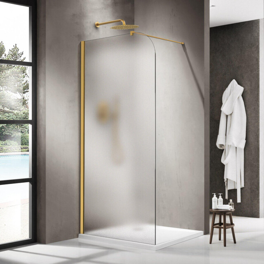 Fortifura Galeria Inloopdouche - 140x200cm - afgeronde glaswand - links - mat glas - wandarm - geborsteld messing PVD (Goud) SW1418378/SW797910 afbeelding 1