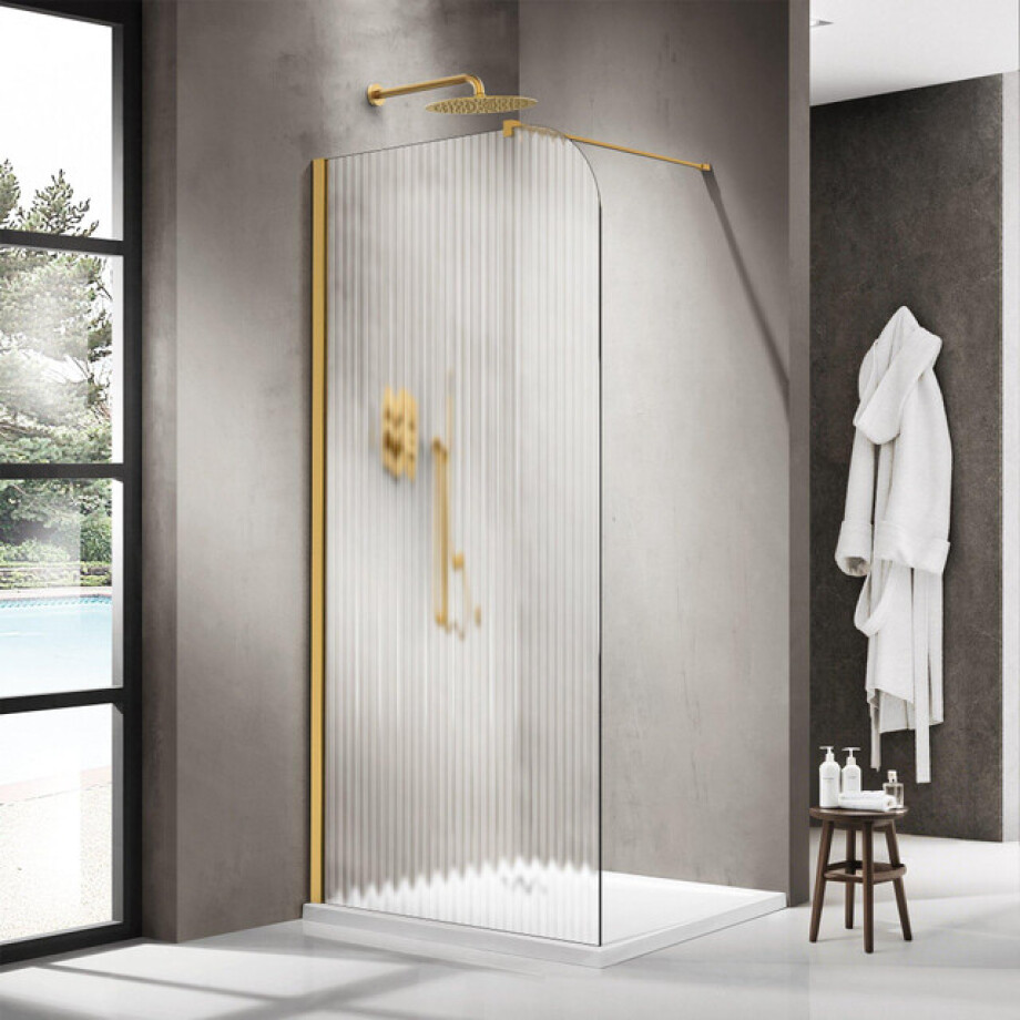 Fortifura Galeria Inloopdouche - 140x200cm - afgeronde glaswand - links - ribbel glas - wandarm - geborsteld messing PVD (Goud) SW1418373/SW797910 afbeelding 1