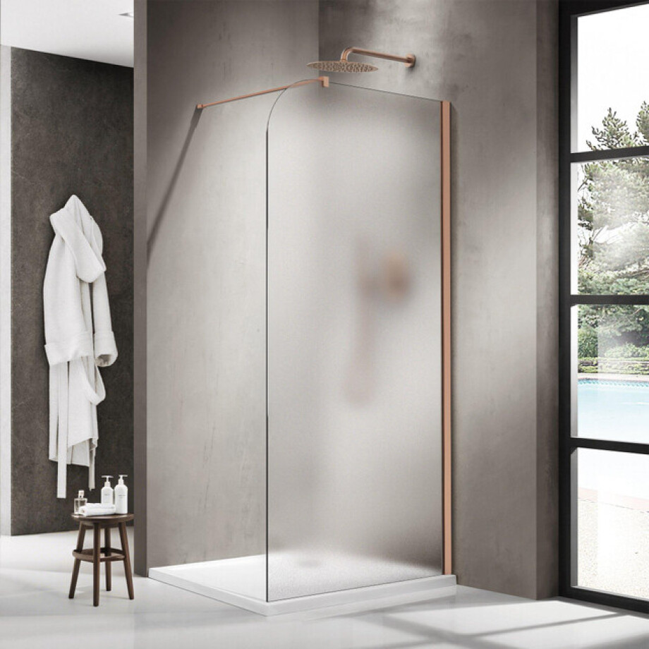Fortifura Galeria Inloopdouche - 140x200cm - afgeronde glaswand - rechts - mat glas - wandarm - geborsteld koper PVD SW1421084/SW876702 afbeelding 1
