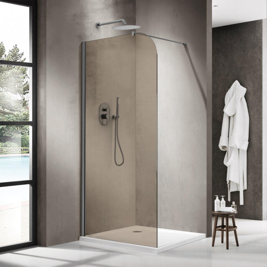 Fortifura Galeria Inloopdouche - 140x200cm - afgeronde glaswand - rook glas - wandarm - geborsteld gunmetal PVD SW1418368/SW797907 Fortifura Galeria Inloopdouche - 140x200cm - afgeronde glaswand - rook glas - wandarm - geborsteld gunmetal PVD SW1418368/SW797907 afbeelding 1
