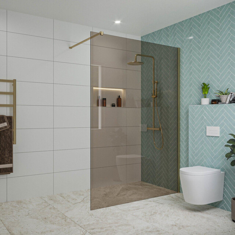 Fortifura Galeria inloopdouche - 140x200cm - rookglas - wandarm - Geborsteld Messing PVD (Goud) SW797946/SW797910 Fortifura Galeria inloopdouche - 140x200cm - rookglas - wandarm - Geborsteld Messing PVD (Goud) SW797946/SW797910 afbeelding 1