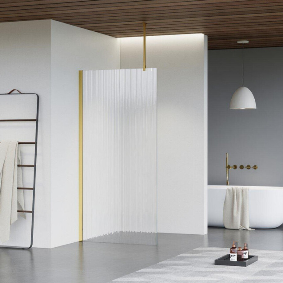 Fortifura Galeria inloopdouche - 160x200cm - ribbelglas - plafondarm - Geborsteld Messing PVD (Goud) SW797956/SW797910/SW804543 Fortifura Galeria inloopdouche - 160x200cm - ribbelglas - plafondarm - Geborsteld Messing PVD (Goud) SW797956/SW797910/SW804543 afbeelding 1