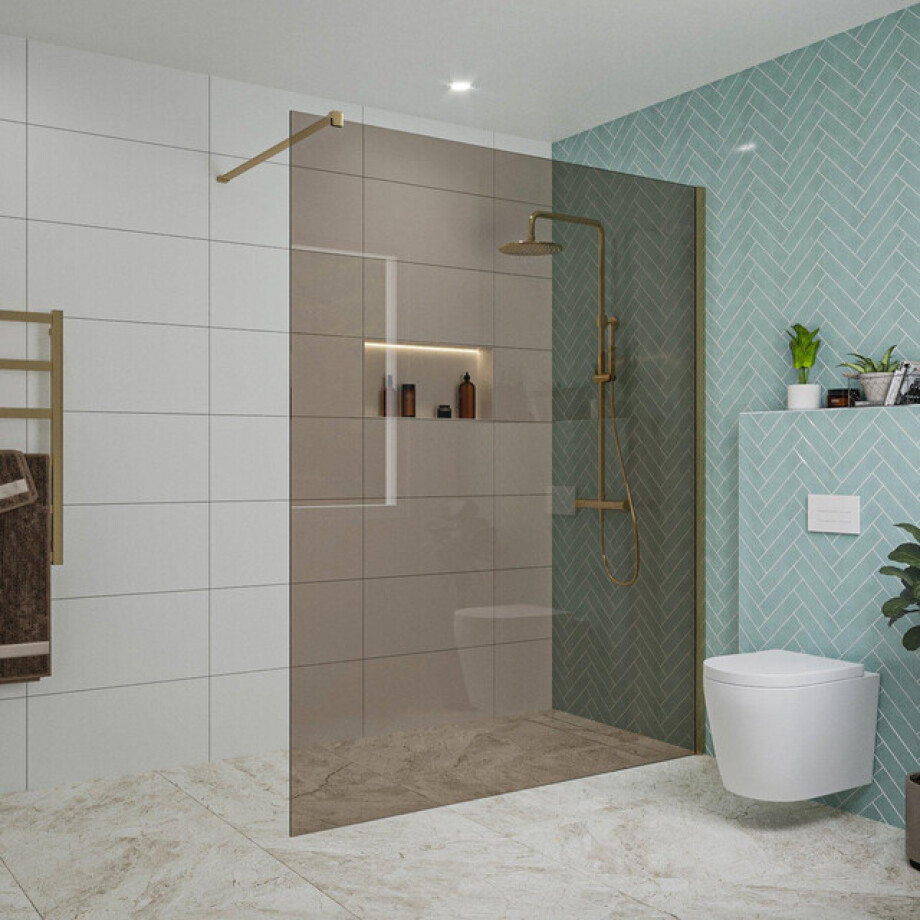 Fortifura Galeria inloopdouche - 160x200cm - rookglas - wandarm - Geborsteld Messing PVD (Goud) SW797942/SW797910 afbeelding 1