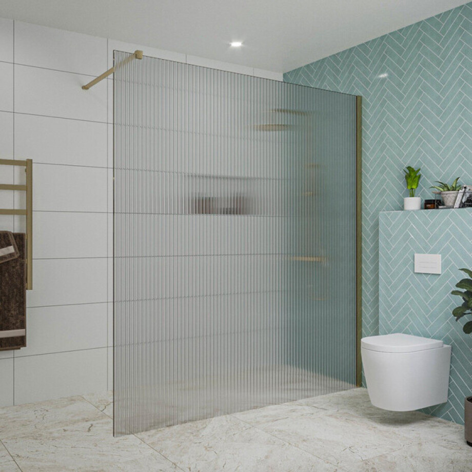 Fortifura Galeria inloopdouche - 180x200cm - ribbelglas - wandarm - Geborsteld Messing PVD (Goud) SW797956/SW797910 afbeelding 1