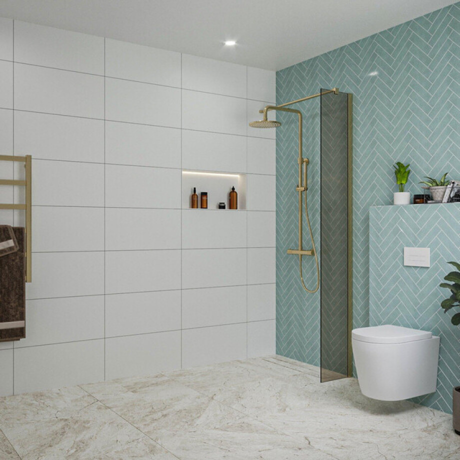 Fortifura Galeria inloopdouche - 30x200cm - rookglas - wandarm - Geborsteld Messing PVD (Goud) SW797930/SW797910 Fortifura Galeria inloopdouche - 30x200cm - rookglas - wandarm - Geborsteld Messing PVD (Goud) SW797930/SW797910 afbeelding 1