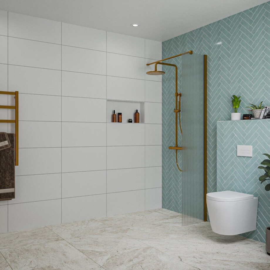 Fortifura Galeria inloopdouche - 40x200cm - ribbelglas - wandarm - Geborsteld koper PVD (Koper) SW797948/SW876702 afbeelding 1