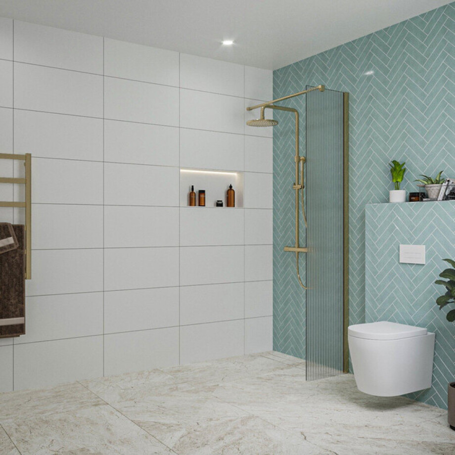 Fortifura Galeria inloopdouche - 40x200cm - ribbelglas - wandarm - Geborsteld Messing PVD (Goud) SW797948/SW797910 Fortifura Galeria inloopdouche - 40x200cm - ribbelglas - wandarm - Geborsteld Messing PVD (Goud) SW797948/SW797910 afbeelding 1