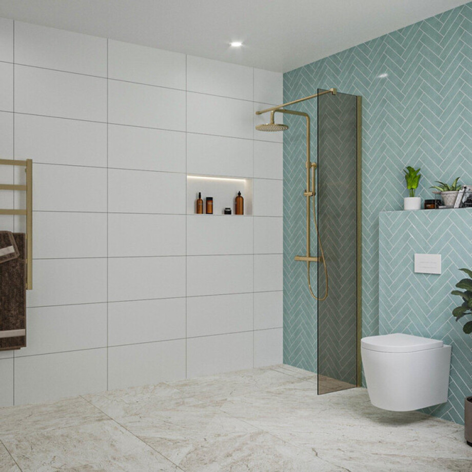 Fortifura Galeria inloopdouche - 40x200cm - rookglas - wandarm - Geborsteld Messing PVD (Goud) SW797934/SW797910 Fortifura Galeria inloopdouche - 40x200cm - rookglas - wandarm - Geborsteld Messing PVD (Goud) SW797934/SW797910 afbeelding 1