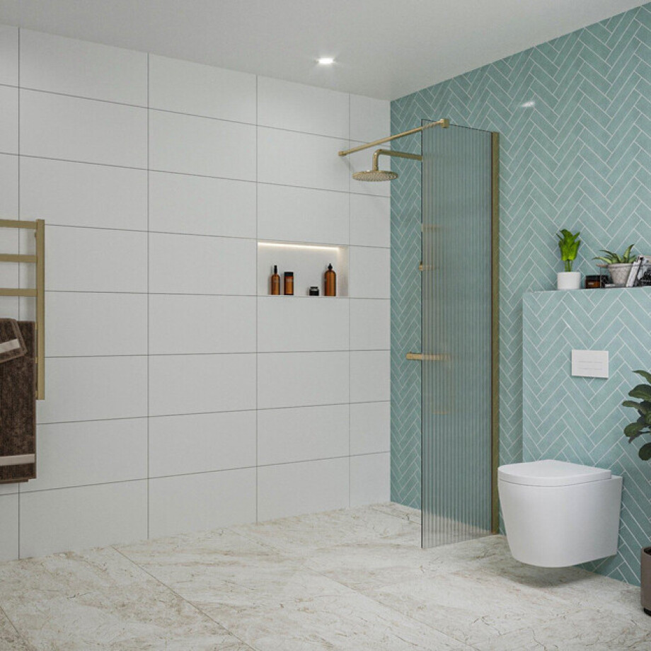 Fortifura Galeria inloopdouche - 50x200cm - ribbelglas - wandarm - Geborsteld Messing PVD (Goud) SW797947/SW797910 Fortifura Galeria inloopdouche - 50x200cm - ribbelglas - wandarm - Geborsteld Messing PVD (Goud) SW797947/SW797910 afbeelding 1