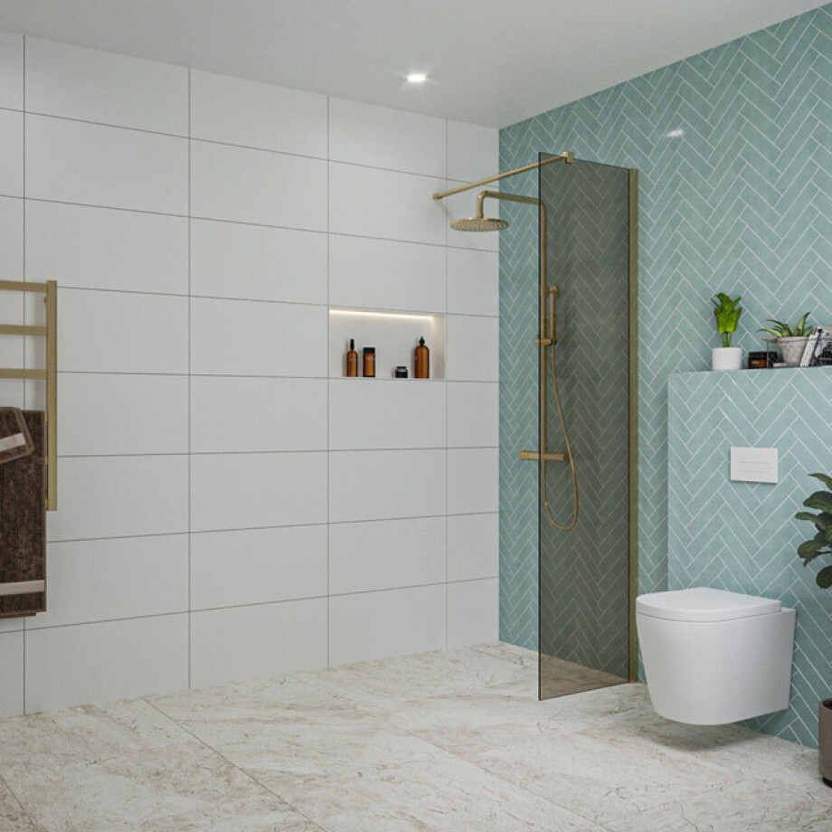 Fortifura Galeria inloopdouche - 50x200cm - rookglas - wandarm - Geborsteld Messing PVD (Goud) SW797936/SW797910 Fortifura Galeria inloopdouche - 50x200cm - rookglas - wandarm - Geborsteld Messing PVD (Goud) SW797936/SW797910 afbeelding 1