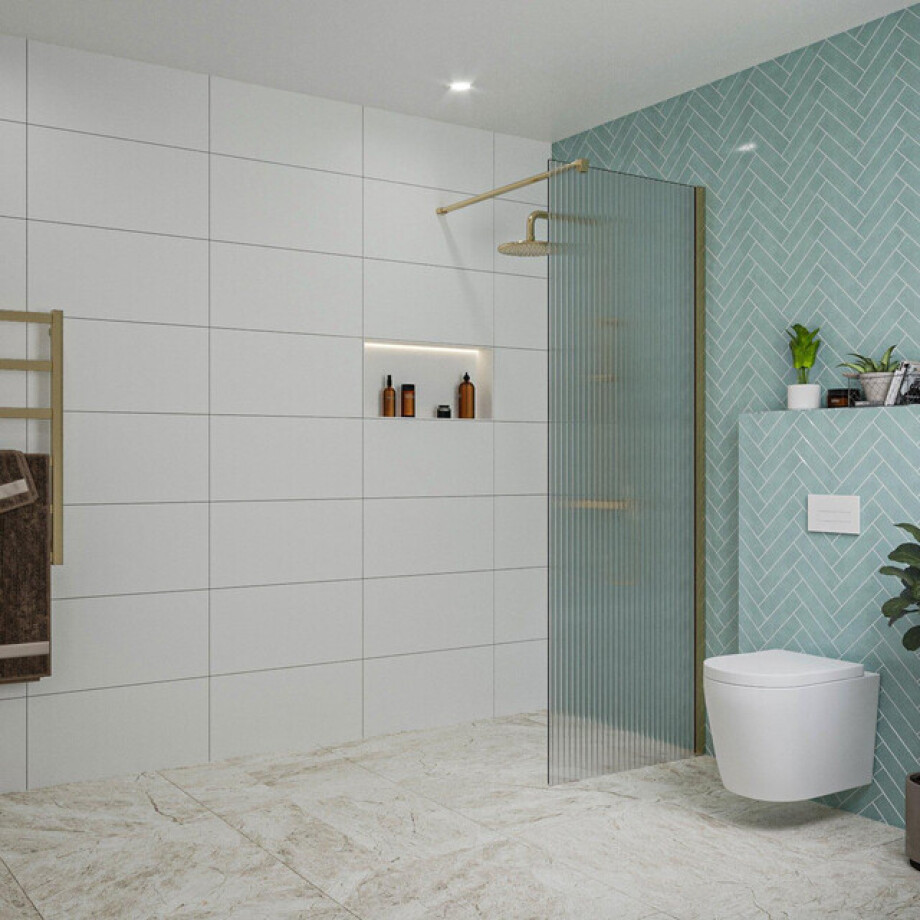 Fortifura Galeria inloopdouche - 70x200cm - ribbelglas - wandarm - Geborsteld Messing PVD (Goud) SW797949/SW797910 Fortifura Galeria inloopdouche - 70x200cm - ribbelglas - wandarm - Geborsteld Messing PVD (Goud) SW797949/SW797910 afbeelding 1