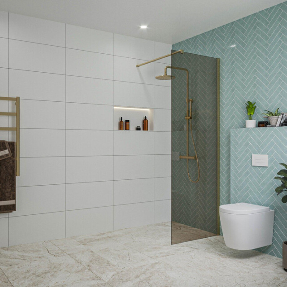 Fortifura Galeria inloopdouche - 70x200cm - rookglas - wandarm - Geborsteld Messing PVD (Goud) SW797941/SW797910 Fortifura Galeria inloopdouche - 70x200cm - rookglas - wandarm - Geborsteld Messing PVD (Goud) SW797941/SW797910 afbeelding 1