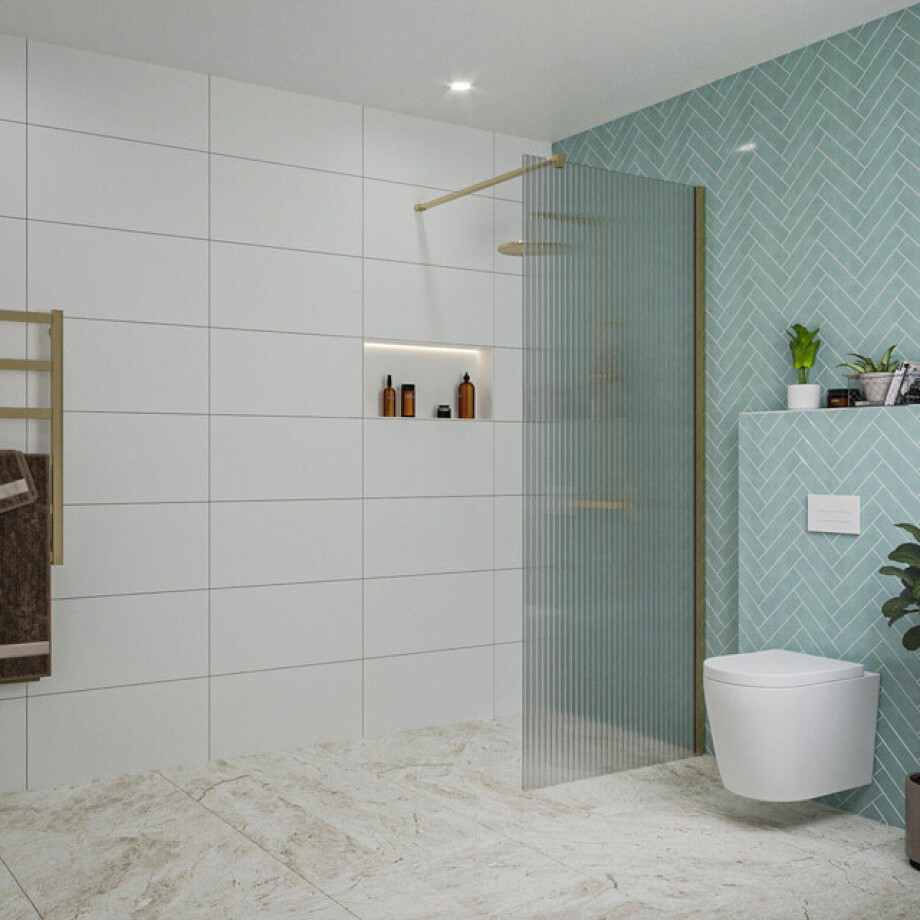 Fortifura Galeria inloopdouche - 80x200cm - ribbelglas - wandarm - Geborsteld Messing PVD (Goud) SW797952/SW797910 Fortifura Galeria inloopdouche - 80x200cm - ribbelglas - wandarm - Geborsteld Messing PVD (Goud) SW797952/SW797910 afbeelding 1