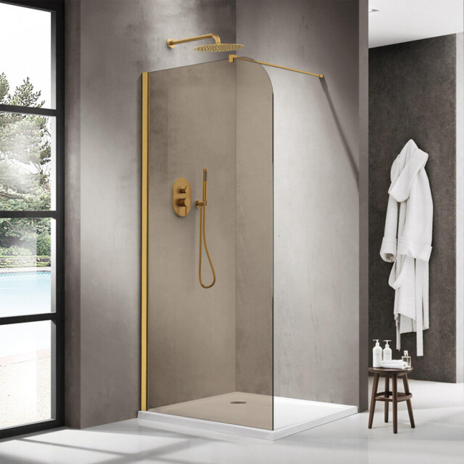 Fortifura Galeria Inloopdouche - 90x200cm - afgeronde glaswand - rook glas - wandarm - geborsteld messing PVD (Goud) SW1418364/SW797910 Fortifura Galeria Inloopdouche - 90x200cm - afgeronde glaswand - rook glas - wandarm - geborsteld messing PVD (Goud) SW1418364/SW797910 afbeelding 1