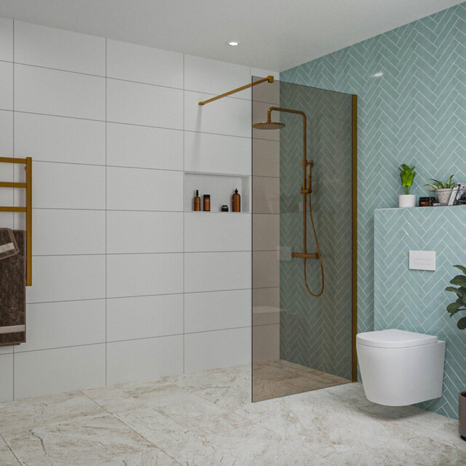 Fortifura Galeria inloopdouche - 90x200cm - rookglas - wandarm - Geborsteld koper PVD (Koper) SW797938/SW876702 afbeelding 1