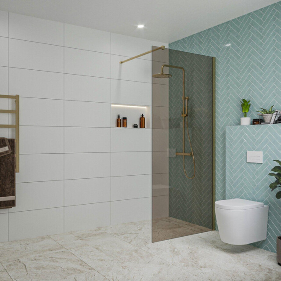Fortifura Galeria inloopdouche - 90x200cm - rookglas - wandarm - Geborsteld Messing PVD (Goud) SW797938/SW797910 Fortifura Galeria inloopdouche - 90x200cm - rookglas - wandarm - Geborsteld Messing PVD (Goud) SW797938/SW797910 afbeelding 1