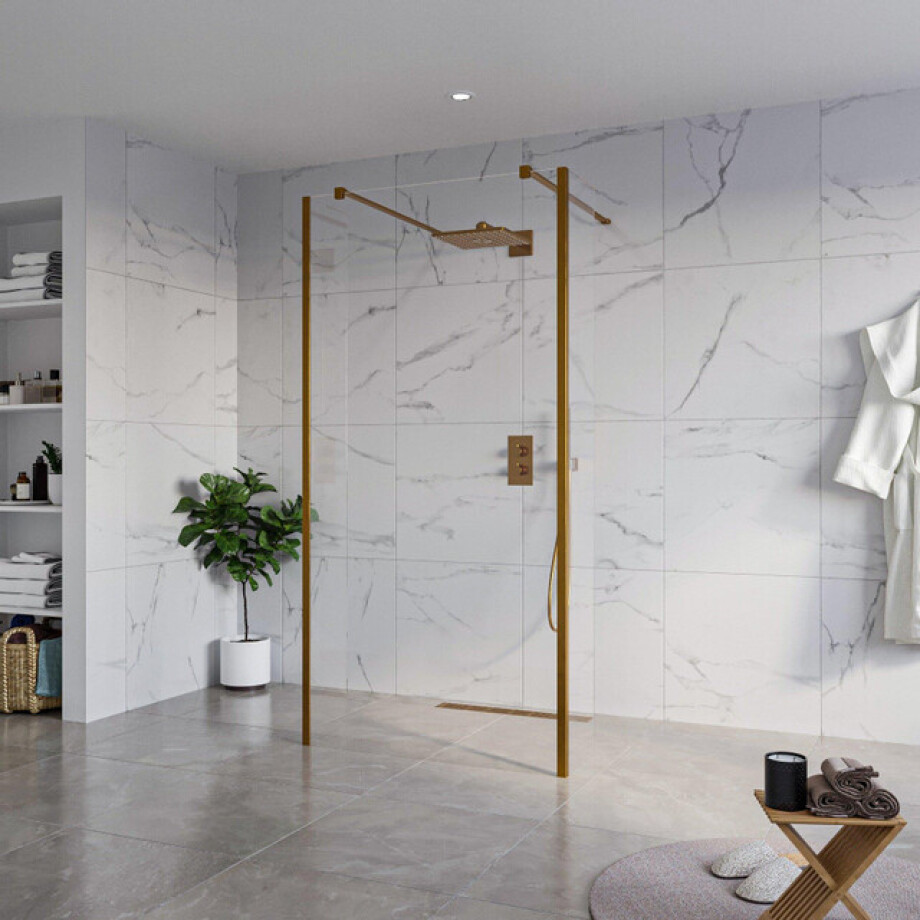 Fortifura Galeria Vrijstaande Inloopdouche - 100x200cm - Helder - antikalk - 8mm veiligheidsglas - 2 zijwanden 30cm - wandsteunen en hoekprofielen - Geborsteld koper PVD (Koper) SW927772 2x/SW797915/SW797909 2x/SW876703 2x Fortifura Galeria Vrijstaande Inloopdouche - 100x200cm - Helder - antikalk - 8mm veiligheidsglas - 2 zijwanden 30cm - wandsteunen en hoekprofielen - Geborsteld koper PVD (Koper) SW927772 2x/SW797915/SW797909 2x/SW876703 2x afbeelding 1