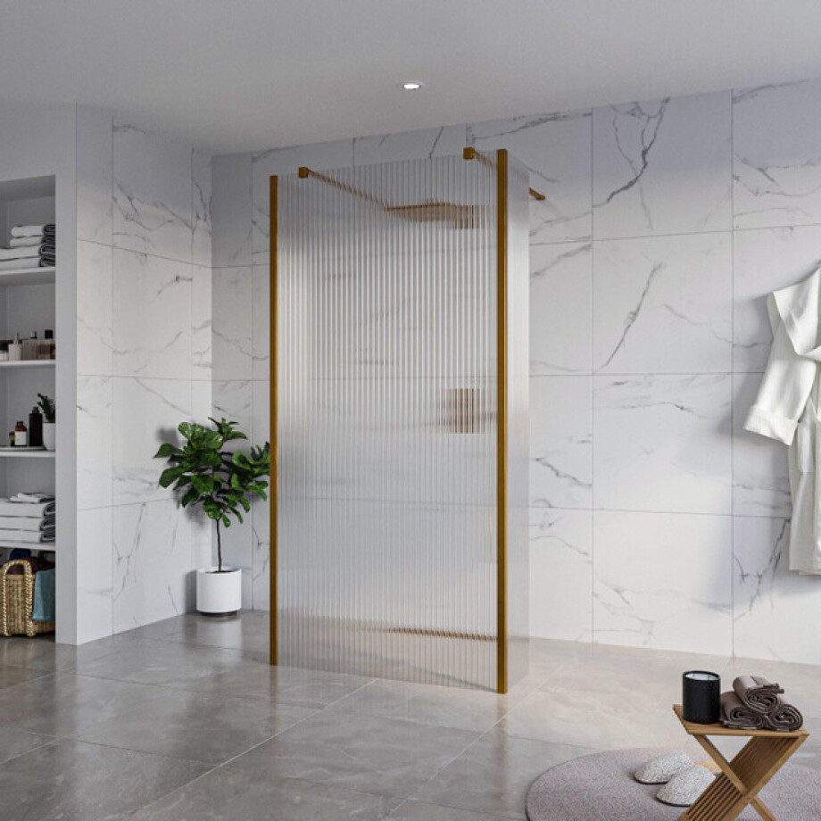 Fortifura Galeria Vrijstaande Inloopdouche - 100x200cm - Helder geribbeld - antikalk - 8mm veiligheidsglas - 2 zijwanden 30cm - wandsteunen en hoekprofielen - Geborsteld koper PVD (Koper) SW927772 2x/SW797955/SW797945 2x/SW876703 2x afbeelding 1