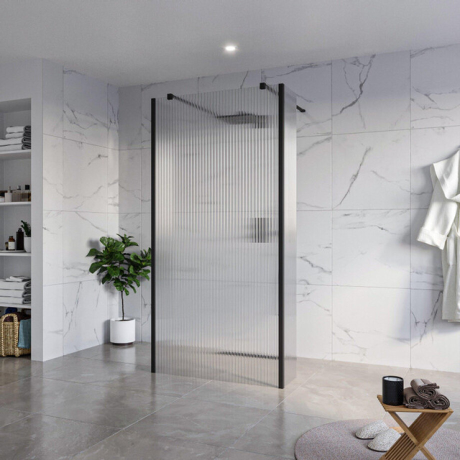 Fortifura Galeria Vrijstaande Inloopdouche - 100x200cm - Helder geribbeld - antikalk - 8mm veiligheidsglas - 2 zijwanden 40cm - wandsteunen en hoekprofielen - Zwart mat SW927767 2x/SW797955/SW797948 2x/SW358025 2x afbeelding 1