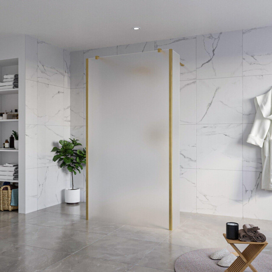 Fortifura Galeria Vrijstaande Inloopdouche - 110x200cm - Glas mat - antikalk - 8mm veiligheidsglas - 2 zijwanden 40cm - wandsteunen en hoekprofielen - Geborsteld Messing PVD (Goud) SW927770 2x/SW915251/SW797921 2x/SW798731 2x afbeelding 1