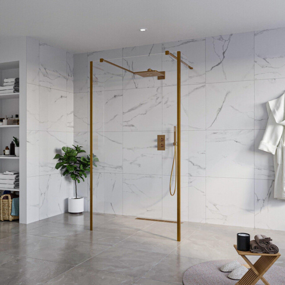 Fortifura Galeria Vrijstaande Inloopdouche - 110x200cm - Helder - antikalk - 8mm veiligheidsglas - 2 zijwanden 40cm - wandsteunen en hoekprofielen - Geborsteld koper PVD (Koper) SW927772 2x/SW915250/SW797911 2x/SW876703 2x Fortifura Galeria Vrijstaande Inloopdouche - 110x200cm - Helder - antikalk - 8mm veiligheidsglas - 2 zijwanden 40cm - wandsteunen en hoekprofielen - Geborsteld koper PVD (Koper) SW927772 2x/SW915250/SW797911 2x/SW876703 2x afbeelding 1