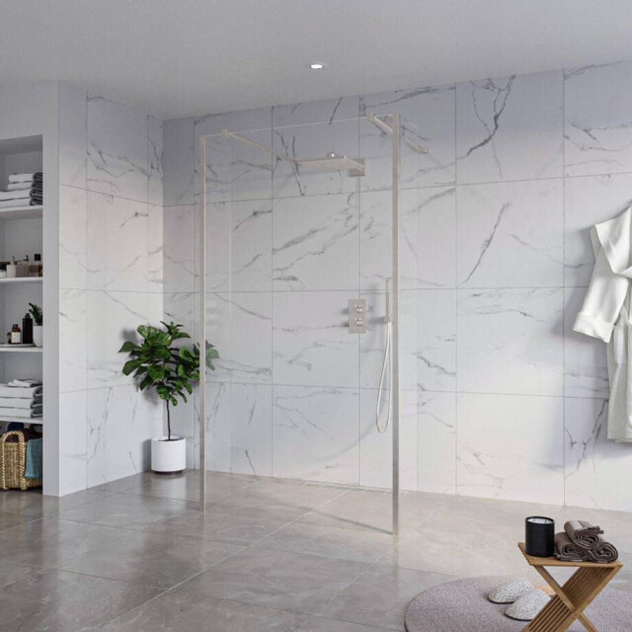 Fortifura Galeria Vrijstaande Inloopdouche - 110x200cm - Helder - antikalk - 8mm veiligheidsglas - 2 zijwanden 40cm - wandsteunen en hoekprofielen - Geborsteld RVS PVD (RVS) SW927769 2x/SW915250/SW797911 2x/SW798730 2x afbeelding 1