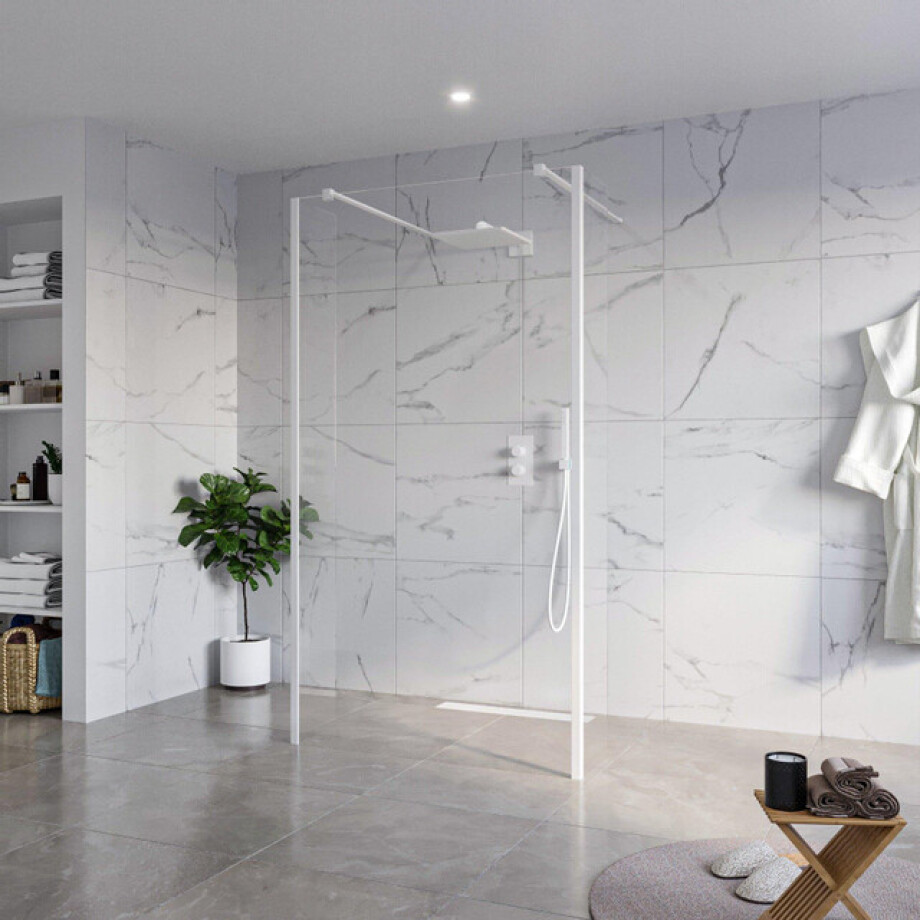 Fortifura Galeria Vrijstaande Inloopdouche - 110x200cm - Helder - antikalk - 8mm veiligheidsglas - 2 zijwanden 30cm - wandsteunen en hoekprofielen - Wit mat SW927768 2x/SW915250/SW797909 2x/SW541264 2x afbeelding 1