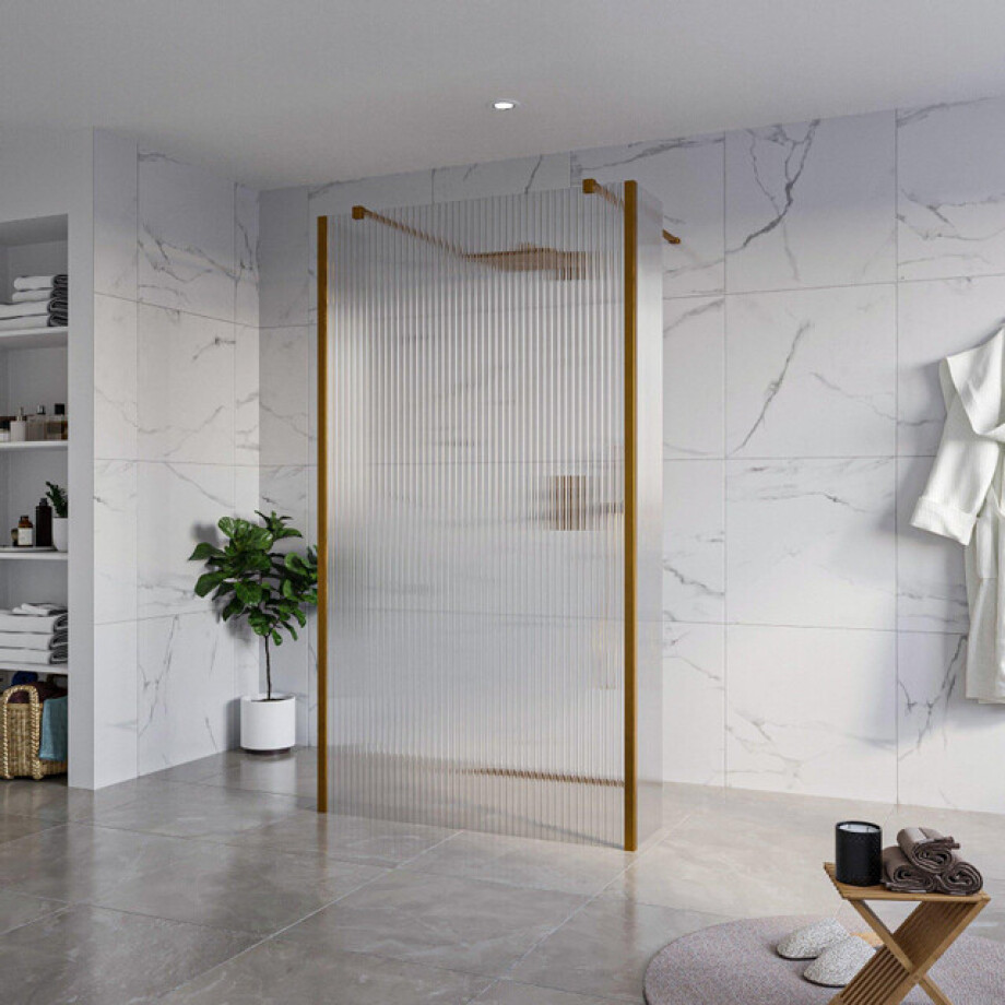 Fortifura Galeria Vrijstaande Inloopdouche - 110x200cm - Helder geribbeld - antikalk - 8mm veiligheidsglas - 2 zijwanden 30cm - wandsteunen en hoekprofielen - Geborsteld koper PVD (Koper) SW927772 2x/SW915253/SW797945 2x/SW876703 2x Fortifura Galeria Vrijstaande Inloopdouche - 110x200cm - Helder geribbeld - antikalk - 8mm veiligheidsglas - 2 zijwanden 30cm - wandsteunen en hoekprofielen - Geborsteld koper PVD (Koper) SW927772 2x/SW915253/SW797945 2x/SW876703 2x afbeelding 1