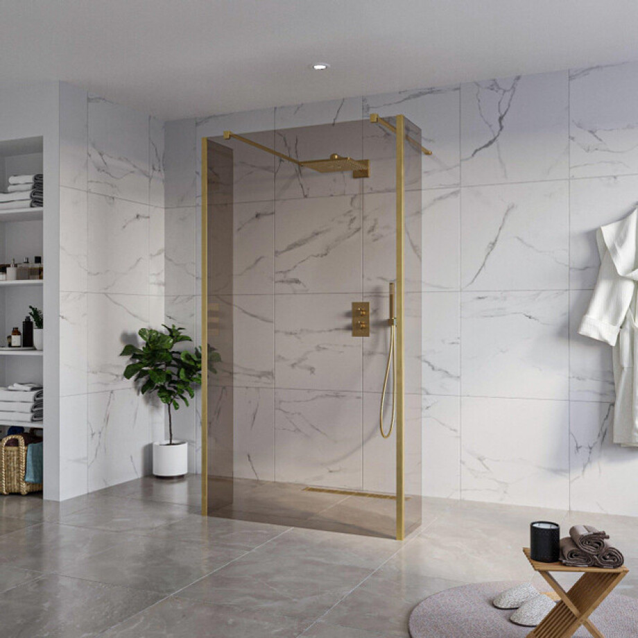 Fortifura Galeria Vrijstaande Inloopdouche - 110x200cm - Rookglas - antikalk - 8mm veiligheidsglas - 2 zijwanden 30cm - wandsteunen en hoekprofielen - Geborsteld Messing PVD (Goud) SW927770 2x/SW915252/SW797930 2x/SW798731 2x Fortifura Galeria Vrijstaande Inloopdouche - 110x200cm - Rookglas - antikalk - 8mm veiligheidsglas - 2 zijwanden 30cm - wandsteunen en hoekprofielen - Geborsteld Messing PVD (Goud) SW927770 2x/SW915252/SW797930 2x/SW798731 2x afbeelding 1