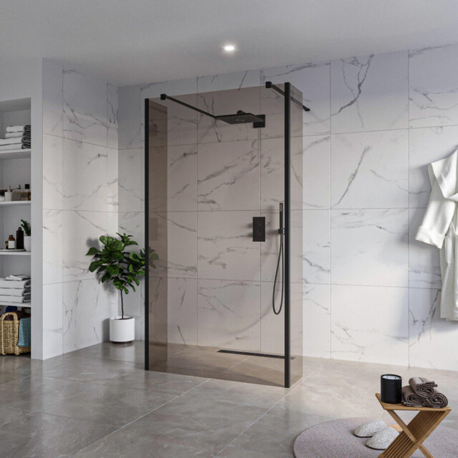 Fortifura Galeria Vrijstaande Inloopdouche - 110x200cm - Rookglas - antikalk - 8mm veiligheidsglas - 2 zijwanden 30cm - wandsteunen en hoekprofielen - Zwart mat SW927767 2x/SW915252/SW797930 2x/SW358025 2x afbeelding 1