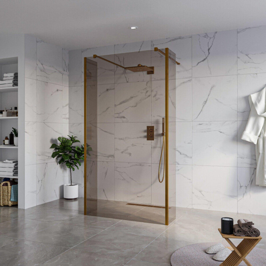 Fortifura Galeria Vrijstaande Inloopdouche - 110x200cm - Rookglas - antikalk - 8mm veiligheidsglas - 2 zijwanden 30cm - wandsteunen en hoekprofielen - Geborsteld koper PVD (Koper) SW927772 2x/SW915252/SW797930 2x/SW876703 2x afbeelding 1