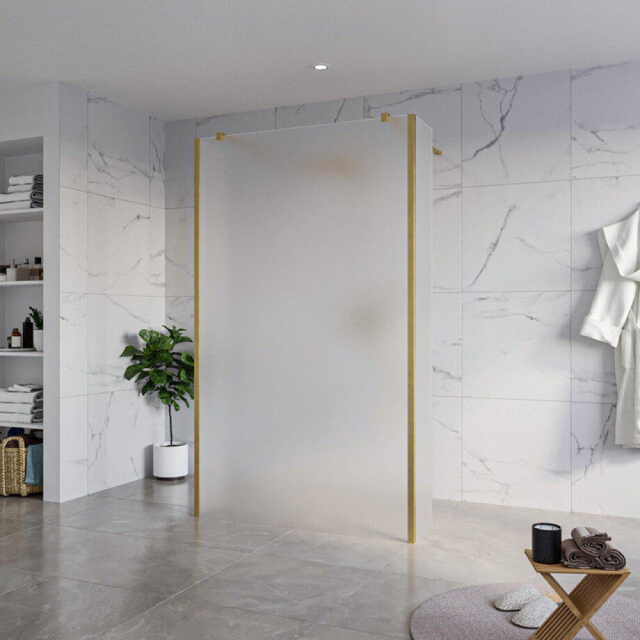 Fortifura Galeria Vrijstaande Inloopdouche - 120x200cm - Glas mat - antikalk - 8mm veiligheidsglas - 2 zijwanden 30cm - wandsteunen en hoekprofielen - Geborsteld Messing PVD (Goud) SW927770 2x/SW797928/SW797931 2x/SW798731 2x afbeelding 1