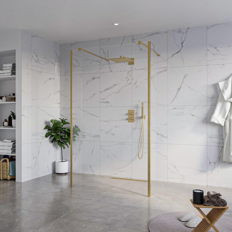 Fortifura Galeria Vrijstaande Inloopdouche - 120x200cm - Helder - antikalk - 8mm veiligheidsglas - 2 zijwanden 40cm - wandsteunen en hoekprofielen - Geborsteld Messing PVD (Goud) SW927770 2x/SW797917/SW797911 2x/SW798731 2x afbeelding 1