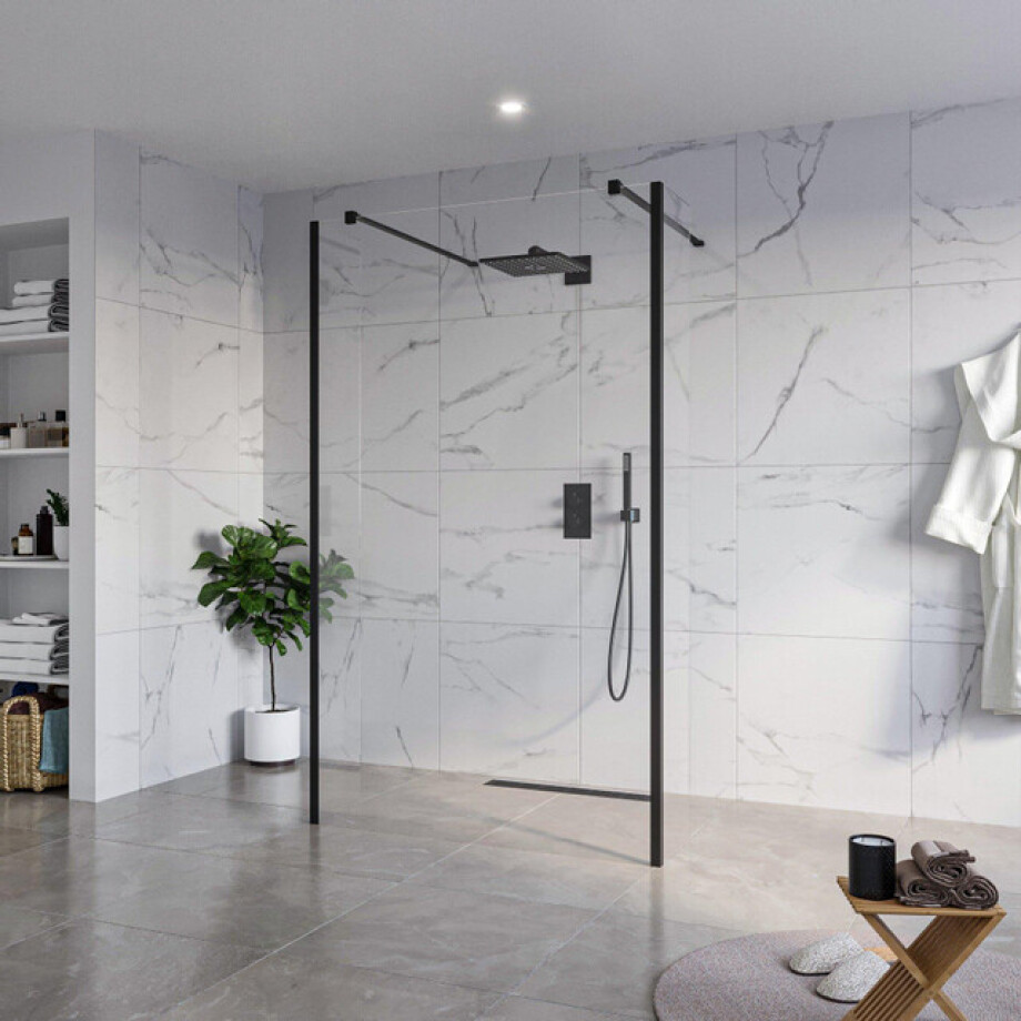 Fortifura Galeria Vrijstaande Inloopdouche - 120x200cm - Helder - antikalk - 8mm veiligheidsglas - 2 zijwanden 40cm - wandsteunen en hoekprofielen - Zwart mat SW927767 2x/SW797917/SW797911 2x/SW358025 2x afbeelding 1