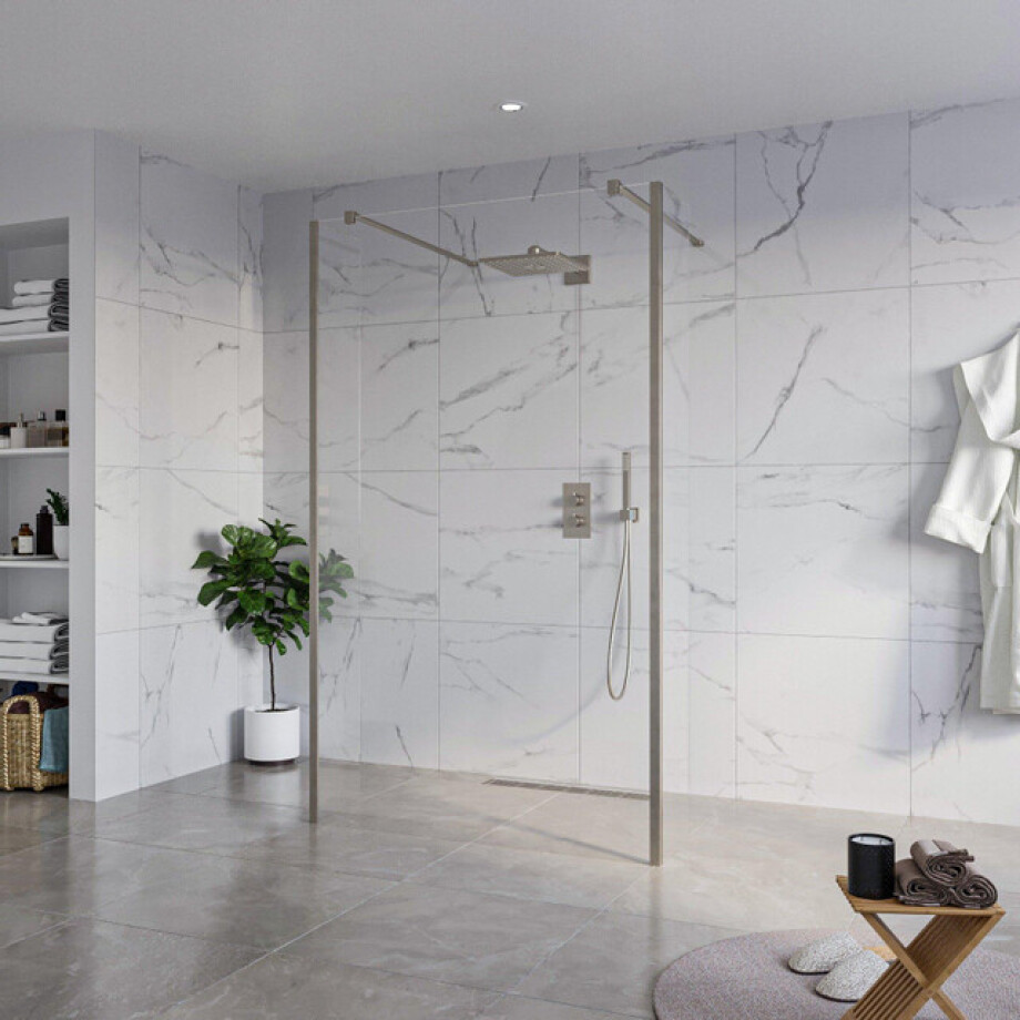 Fortifura Galeria Vrijstaande Inloopdouche - 120x200cm - Helder - antikalk - 8mm veiligheidsglas - 2 zijwanden 30cm - wandsteunen en hoekprofielen - Geborsteld Gunmetal PVD SW927771 2x/SW797917/SW797909 2x/SW798732 2x afbeelding 1