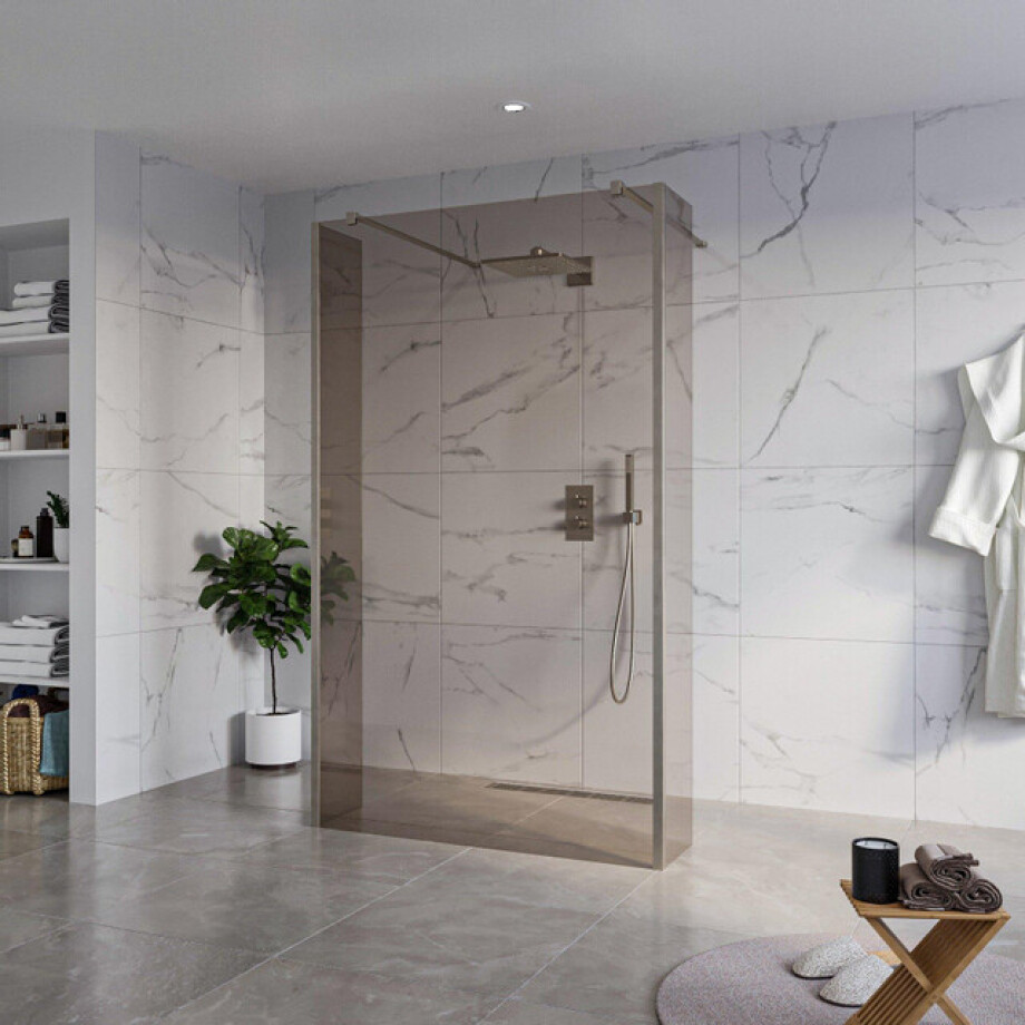Fortifura Galeria Vrijstaande Inloopdouche - 120x200cm - Rookglas - antikalk - 8mm veiligheidsglas - 2 zijwanden 40cm - wandsteunen en hoekprofielen - Geborsteld Gunmetal PVD SW927771 2x/SW797944/SW797934 2x/SW798732 2x afbeelding 1