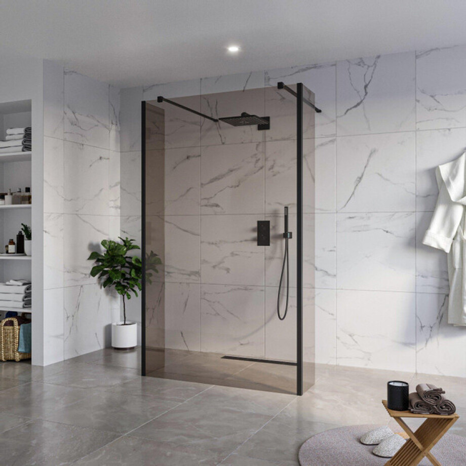 Fortifura Galeria Vrijstaande Inloopdouche - 120x200cm - Rookglas - antikalk - 8mm veiligheidsglas - 2 zijwanden 40cm - wandsteunen en hoekprofielen - Zwart mat SW927767 2x/SW797944/SW797934 2x/SW358025 2x afbeelding 1