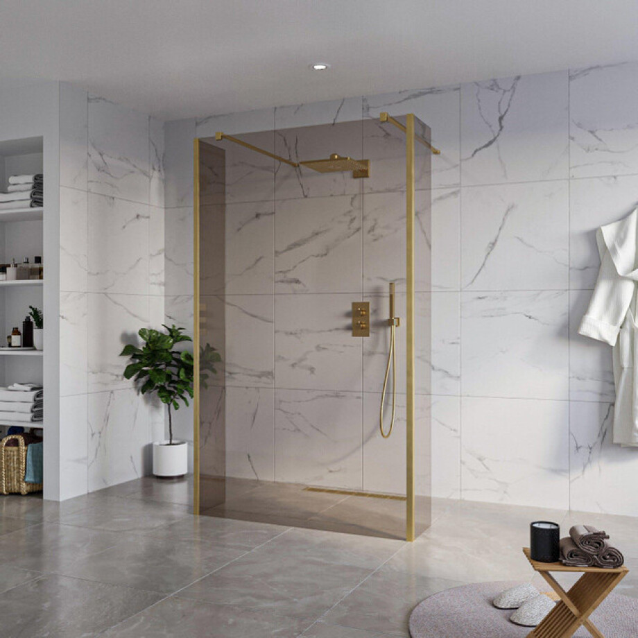 Fortifura Galeria Vrijstaande Inloopdouche - 120x200cm - Rookglas - antikalk - 8mm veiligheidsglas - 2 zijwanden 30cm - wandsteunen en hoekprofielen - Geborsteld Messing PVD (Goud) SW927770 2x/SW797944/SW797930 2x/SW798731 2x afbeelding 1