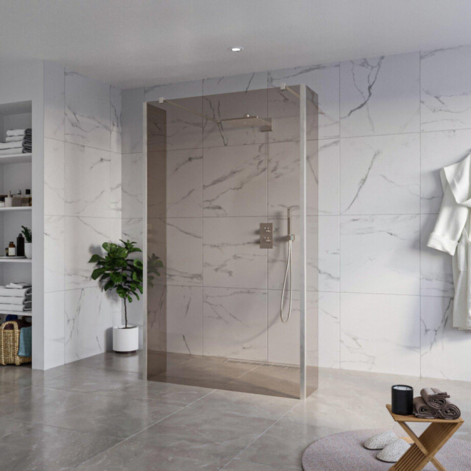 Fortifura Galeria Vrijstaande Inloopdouche - 120x200cm - Rookglas - antikalk - 8mm veiligheidsglas - 2 zijwanden 30cm - wandsteunen en hoekprofielen - Geborsteld RVS PVD (RVS) SW927769 2x/SW797944/SW797930 2x/SW798730 2x afbeelding 1