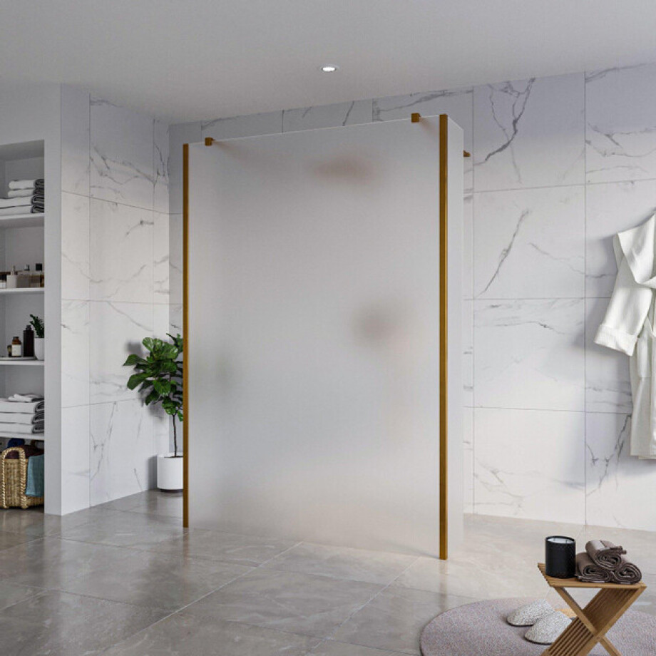 Fortifura Galeria Vrijstaande Inloopdouche - 140x200cm - Glas mat - antikalk - 8mm veiligheidsglas - 2 zijwanden 40cm - wandsteunen en hoekprofielen - Geborsteld koper PVD (Koper) SW927772 2x/SW797937/SW797921 2x/SW876703 2x afbeelding 1