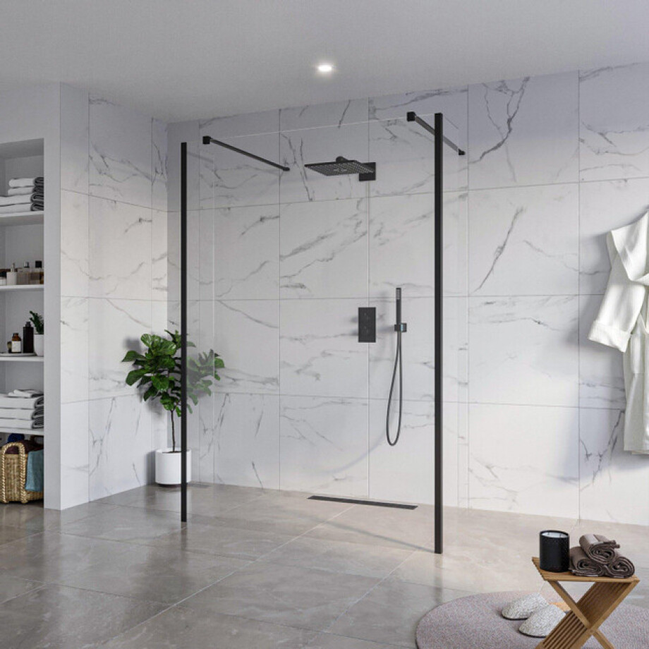 Fortifura Galeria Vrijstaande Inloopdouche - 140x200cm - Helder - antikalk - 8mm veiligheidsglas - 2 zijwanden 30cm - wandsteunen en hoekprofielen - Zwart mat SW927767 2x/SW797916/SW797909 2x/SW358025 2x afbeelding 1