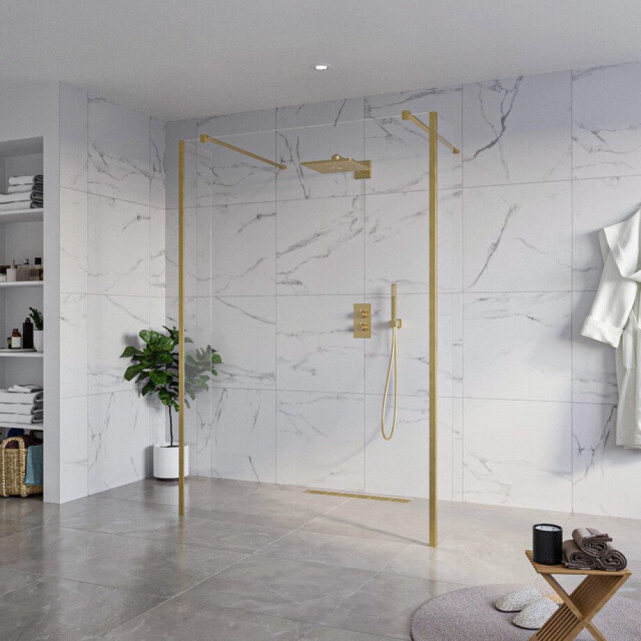 Fortifura Galeria Vrijstaande Inloopdouche - 140x200cm - Helder - antikalk - 8mm veiligheidsglas - 2 zijwanden 30cm - wandsteunen en hoekprofielen - Geborsteld Messing PVD (Goud) SW927770 2x/SW797916/SW797909 2x/SW798731 2x afbeelding 1
