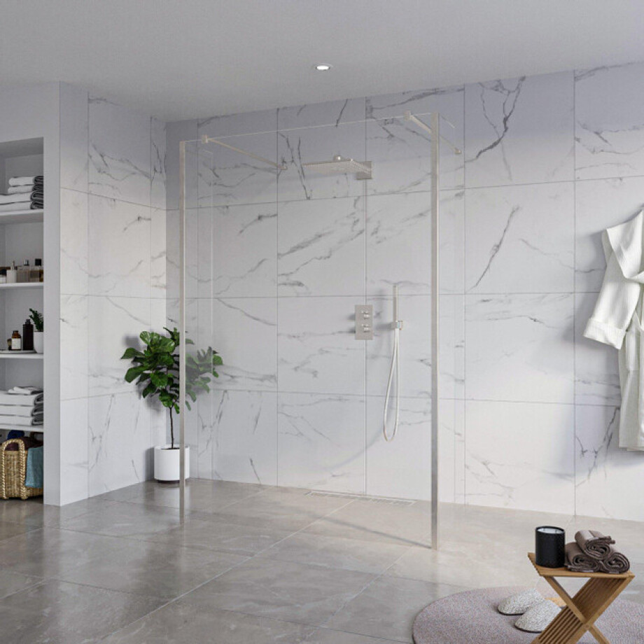 Fortifura Galeria Vrijstaande Inloopdouche - 140x200cm - Helder - antikalk - 8mm veiligheidsglas - 2 zijwanden 40cm - wandsteunen en hoekprofielen - Geborsteld RVS PVD (RVS) SW927769 2x/SW797916/SW797911 2x/SW798730 2x afbeelding 1