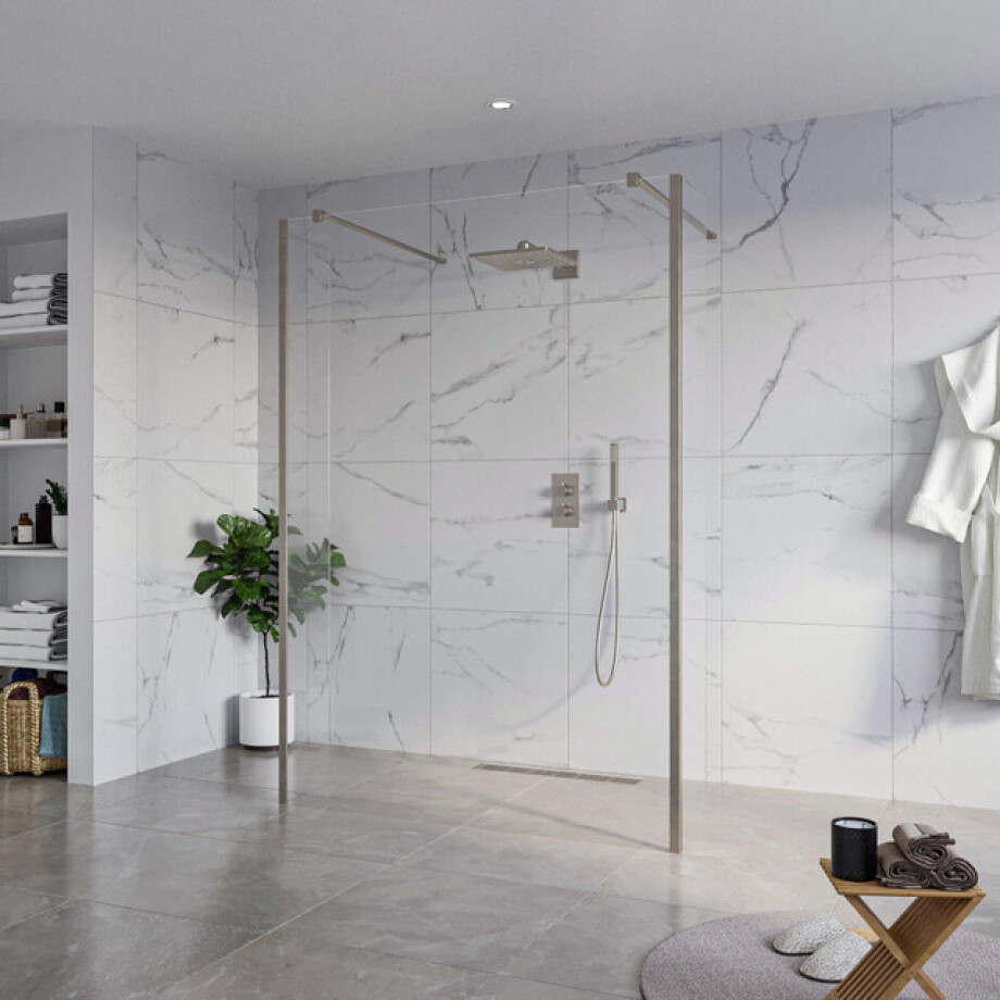 Fortifura Galeria Vrijstaande Inloopdouche - 140x200cm - Helder - antikalk - 8mm veiligheidsglas - 2 zijwanden 30cm - wandsteunen en hoekprofielen - Geborsteld Gunmetal PVD SW927771 2x/SW797916/SW797909 2x/SW798732 2x afbeelding 1