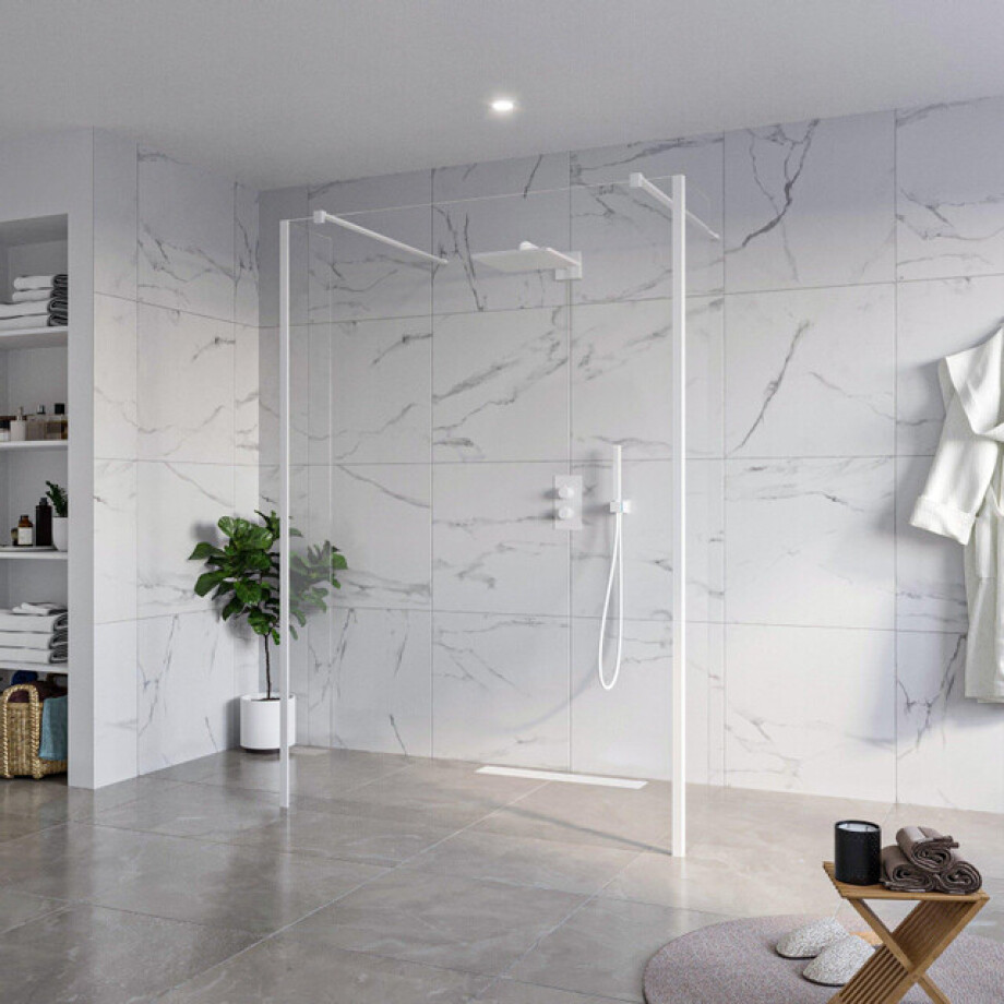 Fortifura Galeria Vrijstaande Inloopdouche - 140x200cm - Helder - antikalk - 8mm veiligheidsglas - 2 zijwanden 30cm - wandsteunen en hoekprofielen - Wit mat SW927768 2x/SW797916/SW797909 2x/SW541264 2x afbeelding 1