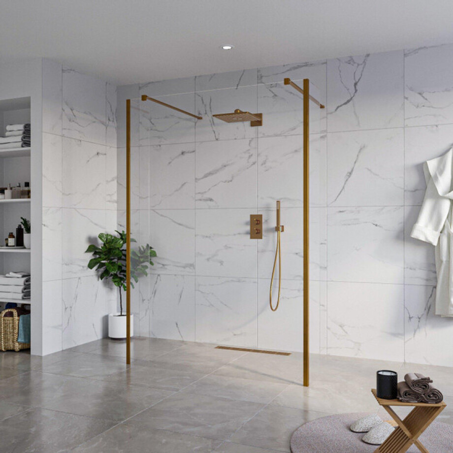 Fortifura Galeria Vrijstaande Inloopdouche - 140x200cm - Helder - antikalk - 8mm veiligheidsglas - 2 zijwanden 30cm - wandsteunen en hoekprofielen - Geborsteld koper PVD (Koper) SW927772 2x/SW797916/SW797909 2x/SW876703 2x Fortifura Galeria Vrijstaande Inloopdouche - 140x200cm - Helder - antikalk - 8mm veiligheidsglas - 2 zijwanden 30cm - wandsteunen en hoekprofielen - Geborsteld koper PVD (Koper) SW927772 2x/SW797916/SW797909 2x/SW876703 2x afbeelding 1