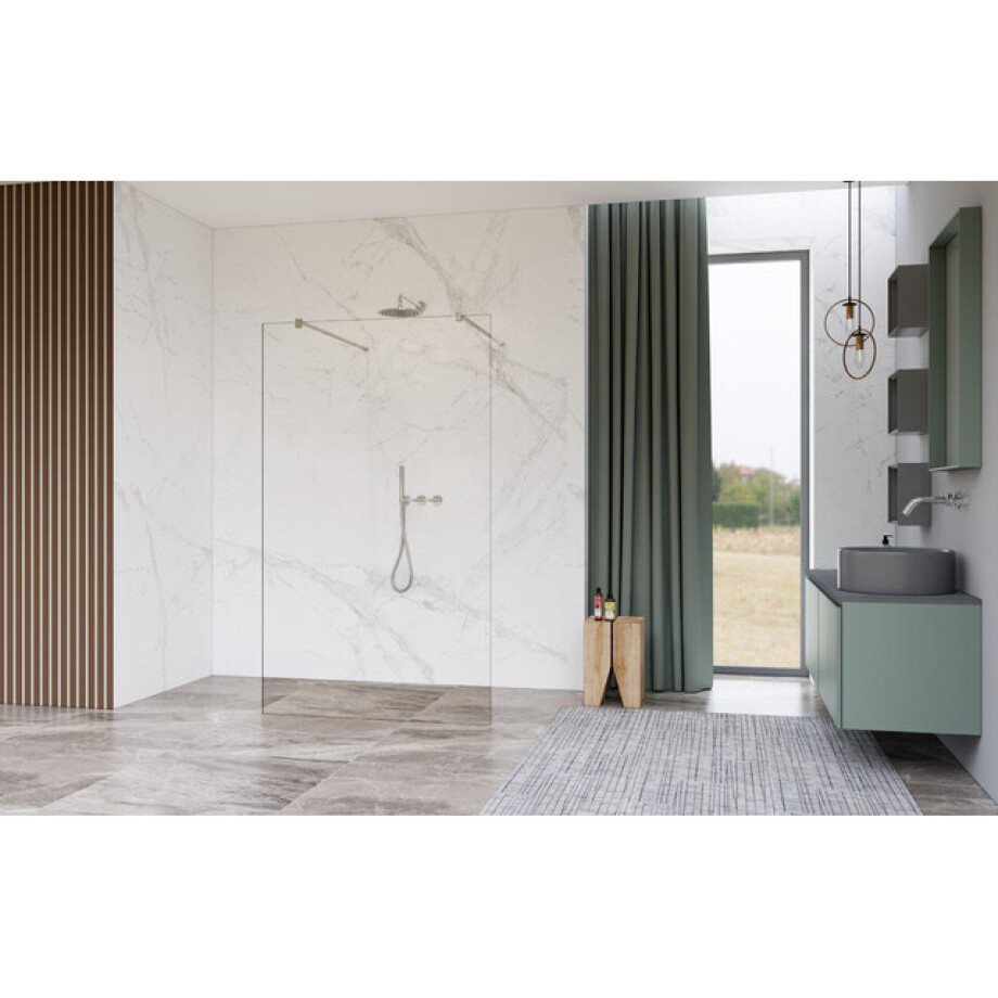 Fortifura Galeria Vrijstaande Inloopdouche - 140x200cm - Helder - antikalk - 8mm veiligheidsglas - wandsteunen - Geborsteld RVS PVD (RVS) SW927769 2x/SW797916 afbeelding 1