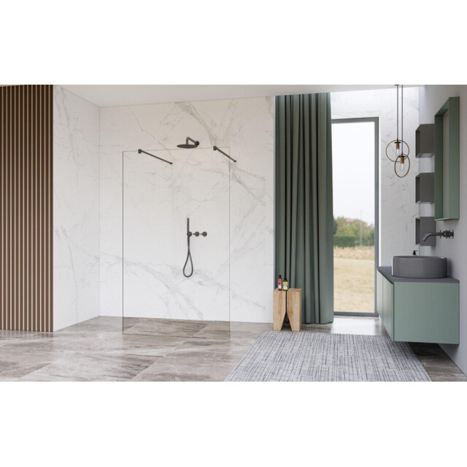 Fortifura Galeria Vrijstaande Inloopdouche - 140x200cm - Helder - antikalk - 8mm veiligheidsglas - wandsteunen - Geborsteld Gunmetal PVD SW927771 2x/SW797916 afbeelding 1