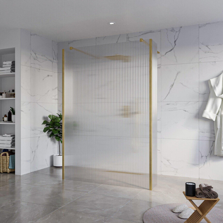 Fortifura Galeria Vrijstaande Inloopdouche - 140x200cm - Helder geribbeld - antikalk - 8mm veiligheidsglas - 2 zijwanden 40cm - wandsteunen en hoekprofielen - Geborsteld Messing PVD (Goud) SW927770 2x/SW797954/SW797948 2x/SW798731 2x Fortifura Galeria Vrijstaande Inloopdouche - 140x200cm - Helder geribbeld - antikalk - 8mm veiligheidsglas - 2 zijwanden 40cm - wandsteunen en hoekprofielen - Geborsteld Messing PVD (Goud) SW927770 2x/SW797954/SW797948 2x/SW798731 2x afbeelding 1